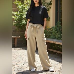 Chic Knit Beige Tie-Waist Wide-Leg Pants